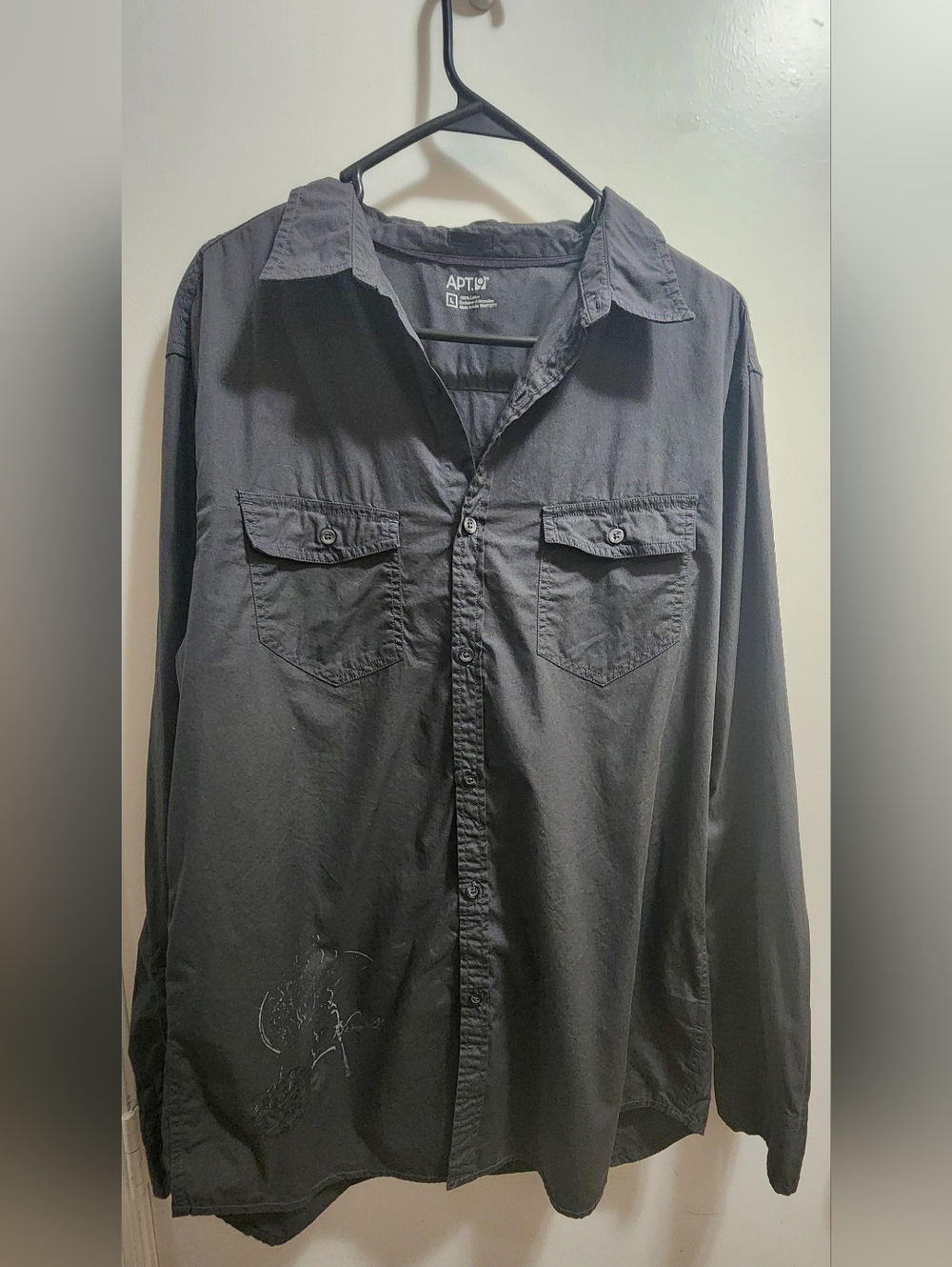 Apt 9 Black Button Up Shirt Mens L Graphic Script Design Long Sleeve